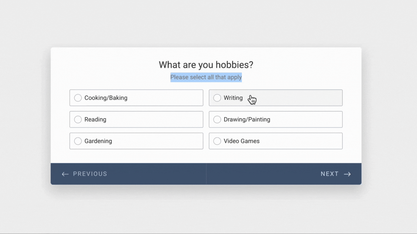 Using radio buttons on a form also limits the quantity of answers to only one option; not a good choice of form selector type if you are encouraging more than one answer. Using radio buttons on a form also limits the quantity of answers to only one option; not a good choice of form selector type if you are encouraging more than one answer.